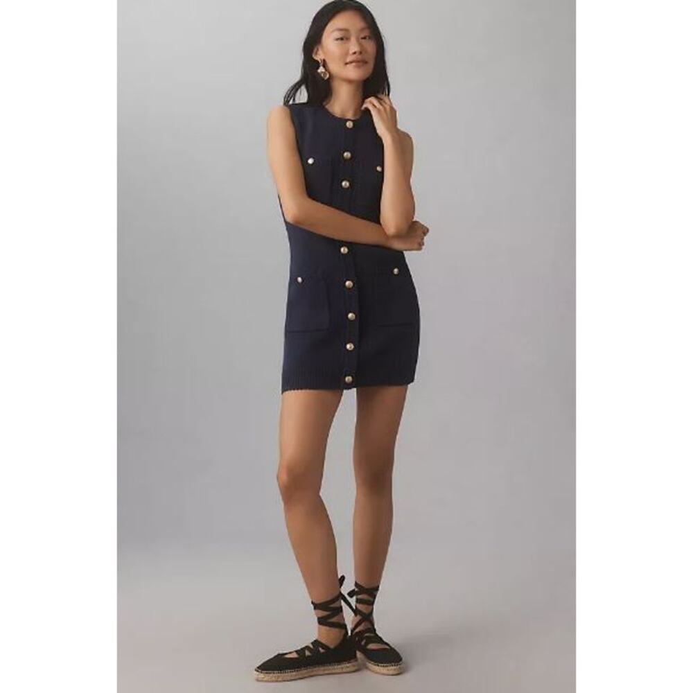NEW Reformation Catalina Rib Cotton Faux Gold-Tone Button Mini Dress Navy Large - Picture 7 of 13